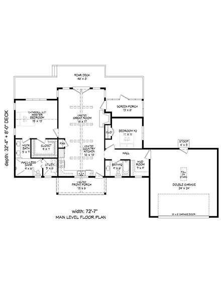 Country, Ranch, Traditional House Plan 80958 with 2 Beds, 2 Baths, 2 Car Garage First Level Plan