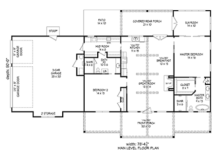 Country, Farmhouse, Ranch, Traditional House Plan 80963 with 2 Beds, 2 Baths, 3 Car Garage First Level Plan