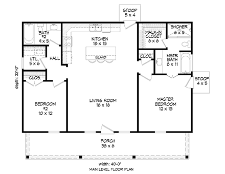 Cottage, Country, Farmhouse House Plan 80974 with 2 Beds, 2 Baths First Level Plan