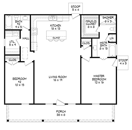 Cottage, Country, Farmhouse House Plan 80975 with 2 Beds, 2 Baths First Level Plan