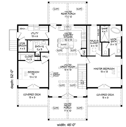 Bungalow, Cabin, Country, Craftsman, Ranch, Traditional House Plan 80977 with 2 Beds, 2 Baths First Level Plan