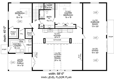 Barndominium, Country House Plan 80981 with 2 Beds, 2 Baths First Level Plan