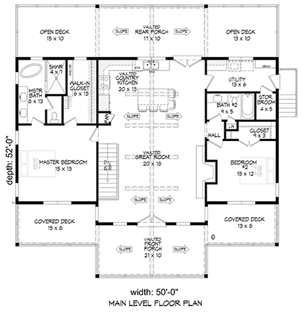 Bungalow, Country, Craftsman, Prairie, Ranch, Traditional House Plan 80982 with 2 Beds, 2 Baths First Level Plan