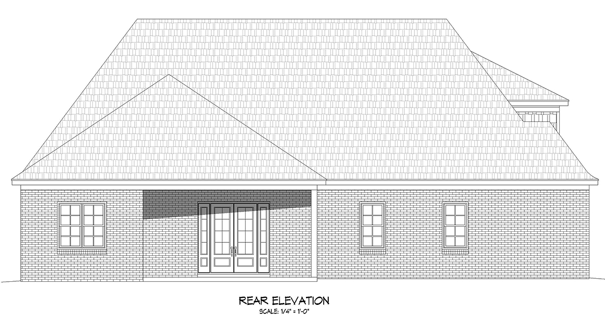 Colonial, Country, European, French Country, Ranch, Traditional Plan with 3809 Sq. Ft., 3 Bedrooms, 4 Bathrooms, 2 Car Garage Rear Elevation