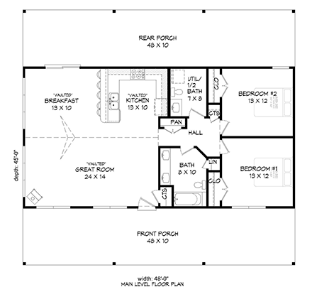 Country, Farmhouse, Traditional House Plan 80997 with 2 Beds, 2 Baths First Level Plan