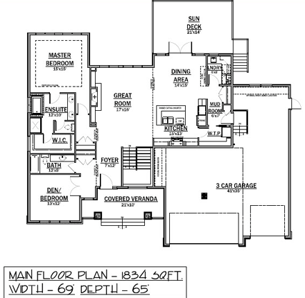 Bungalow House Plan 81109 with 2 Beds, 3 Baths, 3 Car Garage First Level Plan