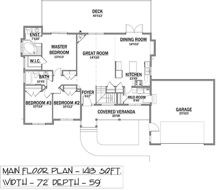 Bungalow House Plan 81132 with 3 Beds, 3 Baths, 2 Car Garage First Level Plan