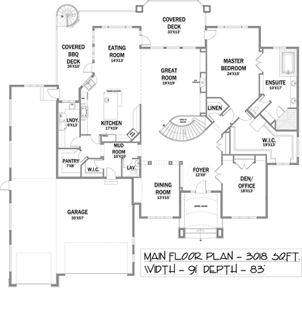 Bungalow House Plan 81168 with 3 Beds, 4 Baths, 3 Car Garage First Level Plan