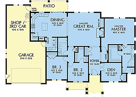 Bungalow, Craftsman House Plan 81206 with 3 Beds, 2 Baths, 2 Car Garage First Level Plan