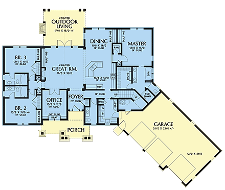 Craftsman House Plan 81218 with 3 Beds, 4 Baths, 3 Car Garage First Level Plan