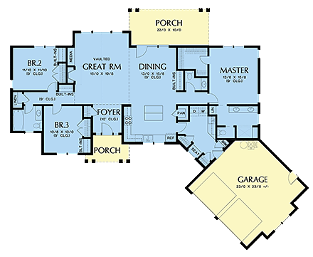 Craftsman, Ranch House Plan 81223 with 3 Beds, 3 Baths, 2 Car Garage First Level Plan