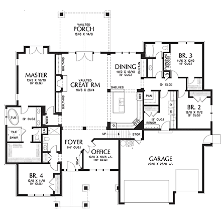Craftsman House Plan 81231 with 4 Beds, 4 Baths, 3 Car Garage First Level Plan