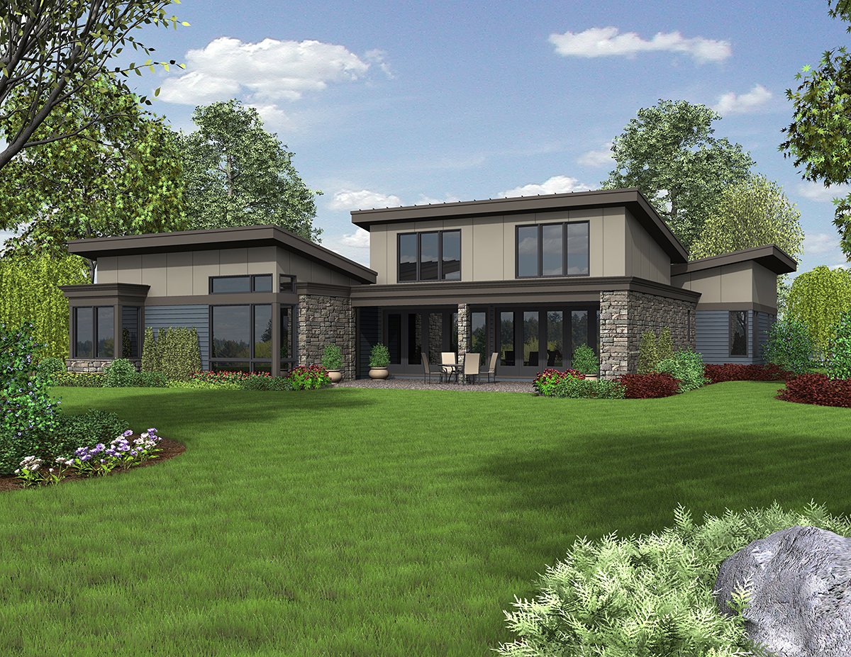 Contemporary, Modern House Plan 81235 with 3 Beds, 3 Baths, 2 Car Garage Rear Elevation