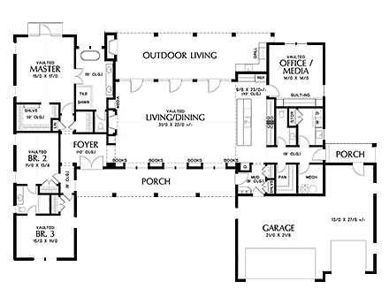 Country, Farmhouse, Ranch House Plan 81253 with 3 Beds, 3 Baths, 3 Car Garage First Level Plan
