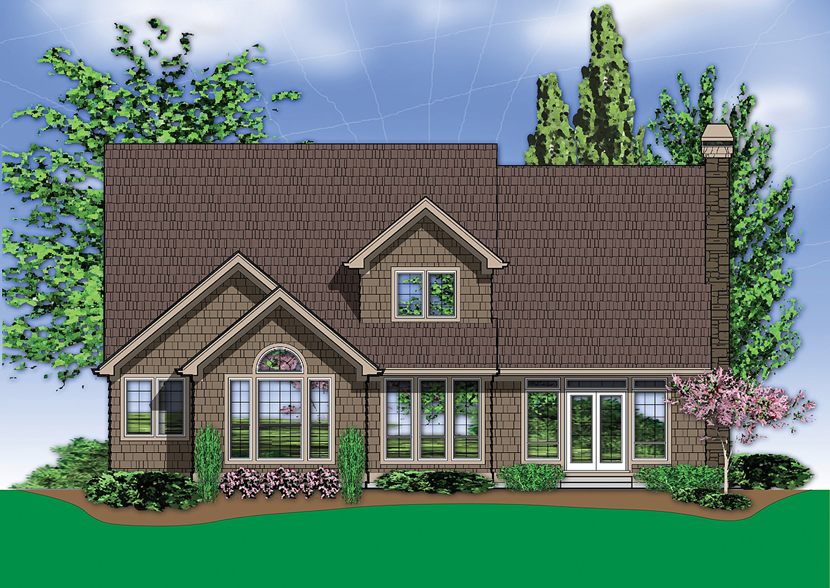 Craftsman, European, French Country, Traditional Plan with 2196 Sq. Ft., 4 Bedrooms, 3 Bathrooms, 3 Car Garage Rear Elevation