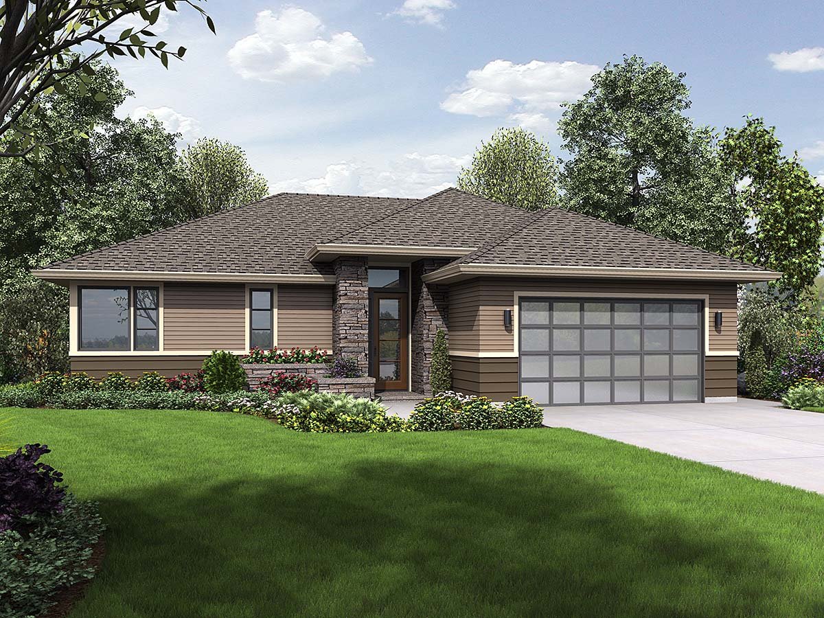 Contemporary, Prairie, Ranch House Plan 81266 with 3 Beds, 2 Baths, 2 Car Garage Elevation