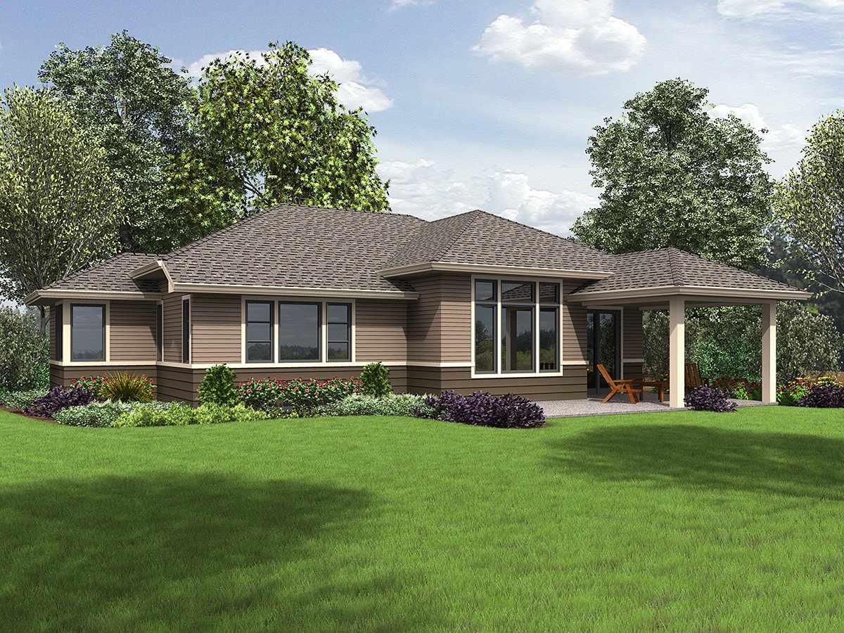 Contemporary, Prairie, Ranch House Plan 81266 with 3 Beds, 2 Baths, 2 Car Garage Rear Elevation
