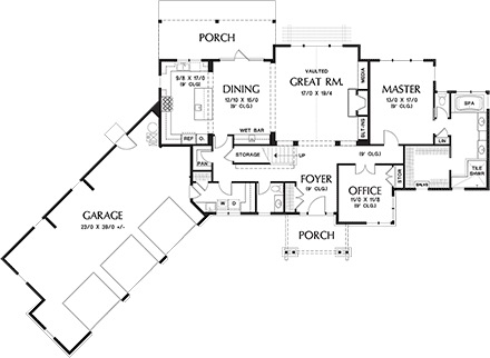 Bungalow, Craftsman, Ranch, Tuscan House Plan 81275 with 3 Beds, 3 Baths, 3 Car Garage First Level Plan