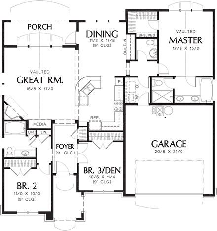 Bungalow, European House Plan 81295 with 3 Beds, 3 Baths, 2 Car Garage First Level Plan