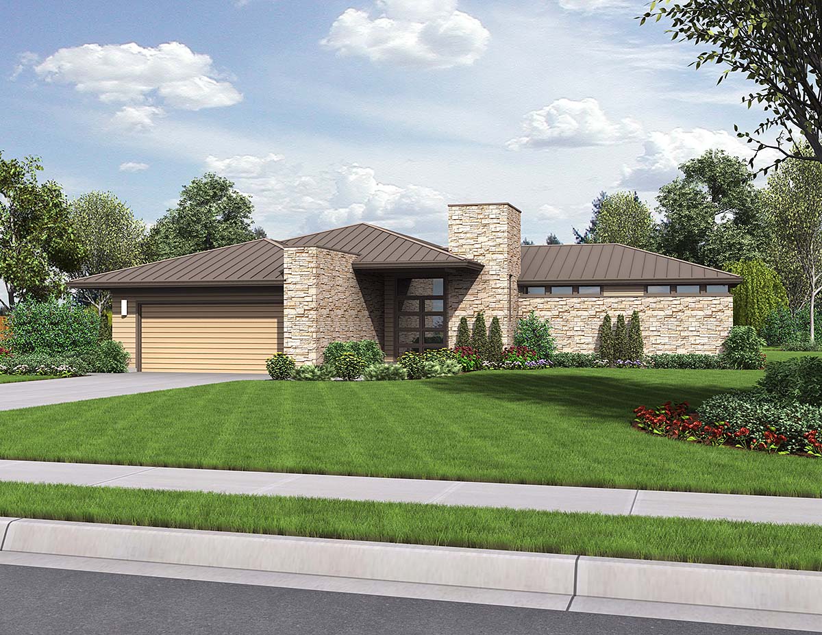 Contemporary, Modern, Prairie Style Plan with 2159 Sq. Ft., 3 Bedrooms, 3 Bathrooms, 2 Car Garage Elevation