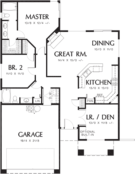 Bungalow, Narrow Lot House Plan 81299 with 2 Beds, 2 Baths, 2 Car Garage First Level Plan