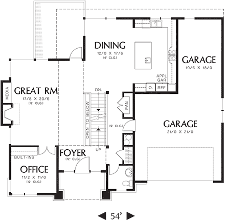 Contemporary, Prairie House Plan 81305 with 4 Beds, 4 Baths, 3 Car Garage First Level Plan