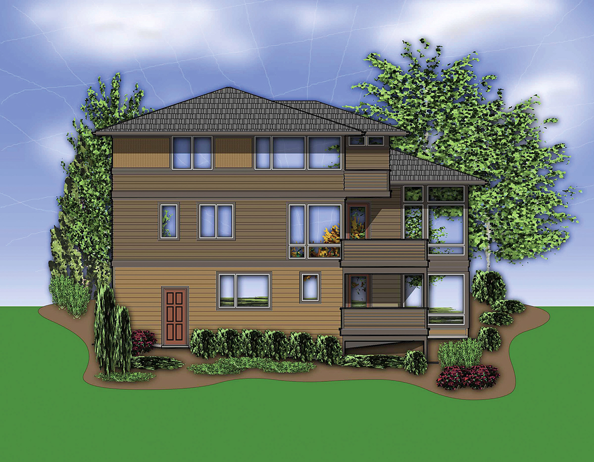 Contemporary, Prairie Style Plan with 3692 Sq. Ft., 4 Bedrooms, 4 Bathrooms, 3 Car Garage Rear Elevation