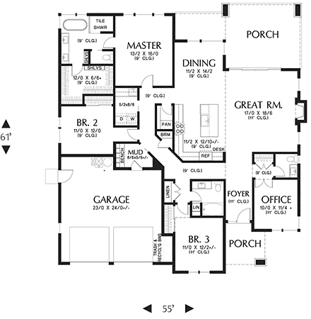 Contemporary, Prairie, Ranch House Plan 81319 with 3 Beds, 3 Baths, 2 Car Garage First Level Plan