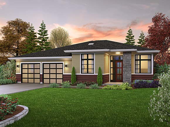 Contemporary, Prairie, Ranch House Plan 81319 with 3 Beds, 3 Baths, 2 Car Garage Elevation