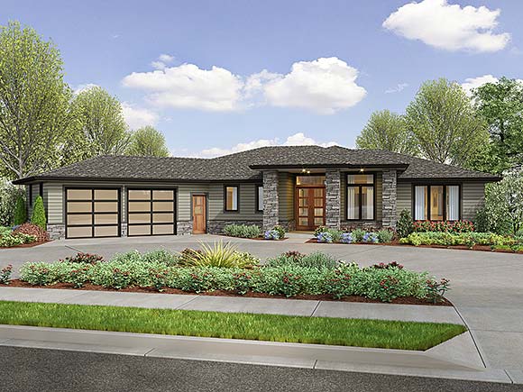 Contemporary, Prairie, Ranch House Plan 81323 with 3 Beds, 3 Baths, 2 Car Garage Elevation