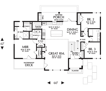 Contemporary, Prairie House Plan 81324 with 4 Beds, 3 Baths, 3 Car Garage First Level Plan