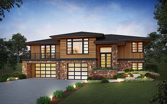 Contemporary, Prairie House Plan 81324 with 4 Beds, 3 Baths, 3 Car Garage Elevation