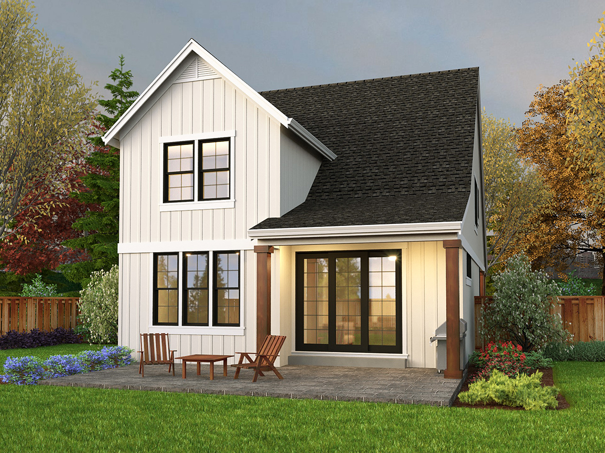 Cottage, Country, Farmhouse Plan with 1855 Sq. Ft., 4 Bedrooms, 3 Bathrooms, 1 Car Garage Rear Elevation