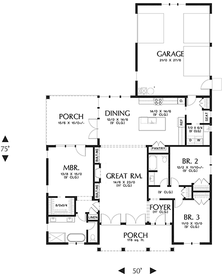 Modern, Prairie, Ranch House Plan 81330 with 3 Beds, 2 Baths, 2 Car Garage First Level Plan
