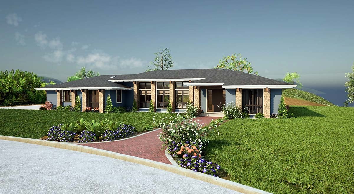 Modern, Prairie Style, Ranch Plan with 3073 Sq. Ft., 4 Bedrooms, 4 Bathrooms, 3 Car Garage Elevation