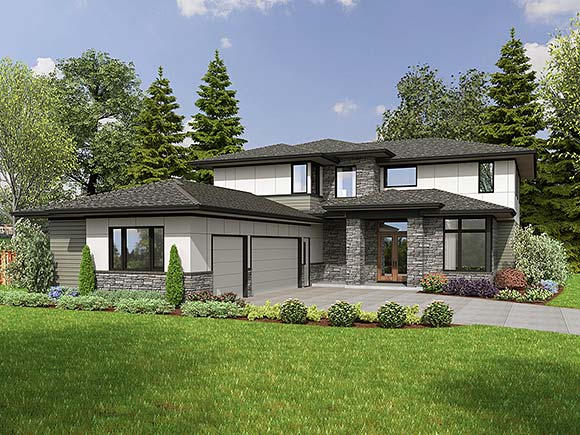 Modern, Prairie House Plan 81352 with 4 Beds, 4 Baths, 3 Car Garage Elevation