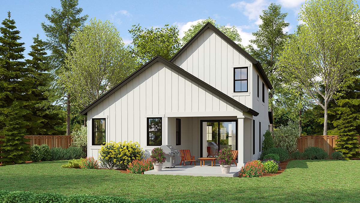Farmhouse Plan with 1926 Sq. Ft., 4 Bedrooms, 3 Bathrooms, 1 Car Garage Rear Elevation