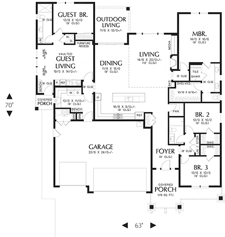 Craftsman, Ranch House Plan 81368 with 4 Beds, 3 Baths, 3 Car Garage First Level Plan
