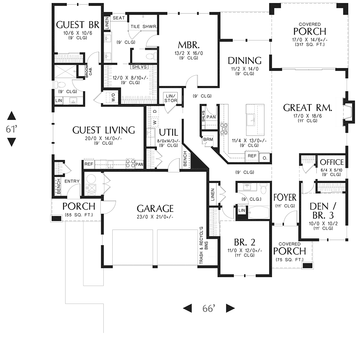 Prairie, Ranch House Plan 81377 with 4 Beds, 3 Baths, 2 Car Garage Level One
