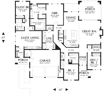 Prairie, Ranch House Plan 81377 with 4 Beds, 3 Baths, 2 Car Garage First Level Plan