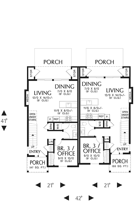 Cottage, Farmhouse Multi-Family Plan 81380 with 3 Beds, 3 Baths First Level Plan