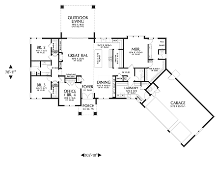 Prairie, Ranch House Plan 81384 with 4 Beds, 3 Baths, 3 Car Garage First Level Plan
