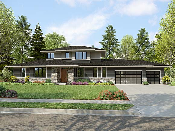 Prairie House Plan 81386 with 4 Beds, 4 Baths, 3 Car Garage Elevation