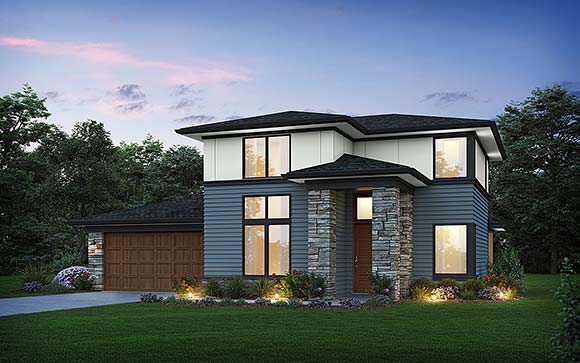 Contemporary, Modern, Prairie House Plan 81389 with 3 Beds, 4 Baths, 2 Car Garage Elevation