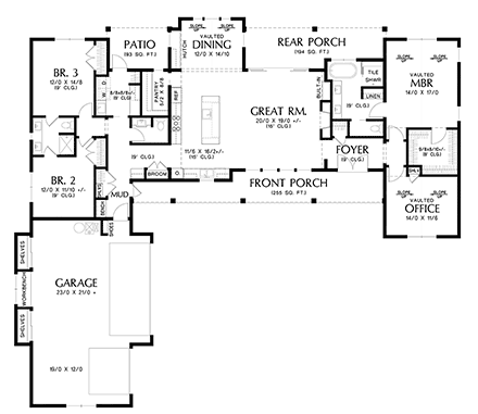 Country, Farmhouse, New American, Ranch House Plan 81397 with 3 Beds, 3 Baths, 3 Car Garage First Level Plan