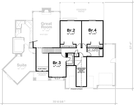 Craftsman House Plan 81430 with 4 Beds, 3 Baths, 3 Car Garage Second Level Plan