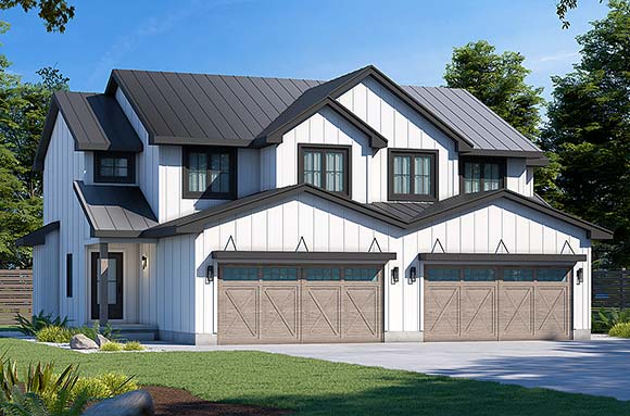 Farmhouse, Traditional Multi-Family Plan 81474 with 3 Beds, 4 Baths, 2 Car Garage Elevation