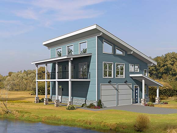 Coastal, Contemporary Garage-Living Plan 81538 with 2 Beds, 2 Baths, 2 Car Garage Elevation