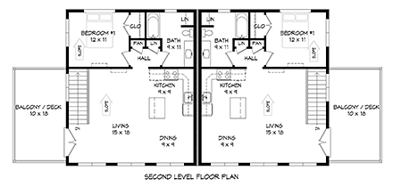 Contemporary Multi-Family Plan 81568 with 2 Beds, 2 Baths, 2 Car Garage Second Level Plan