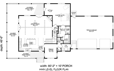 Country, Farmhouse, Traditional House Plan 81570 with 3 Beds, 3 Baths, 3 Car Garage First Level Plan